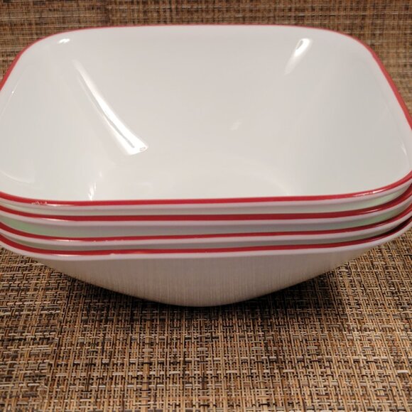 Corelle Set (4) CEREAL Salad BOWL Square White & RED Trim CORNING Vintage 6 1/4" - Picture 8 of 11